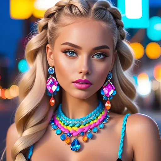 Prompt: A stunning instagram model with beautiful blonde hair and blue eyes, wearing neon colored , big earrings, she has colorful braided hairstyle, she is posing in the city at night, her skin tone is tanned, her face looks like Barbie doll's head, she wears a large necklace made of multicolored gems 