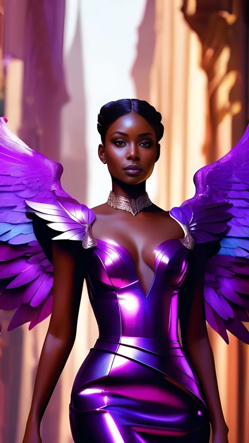 Prompt: a close up of a woman in a purple dress with wings, purple leather wings, dark skin female goddess of love, glossy digital painting, purple body, gorgeous digital art, beautiful elf, stunning digital illustration, gorgeous digital painting, artgerm julie bell beeple, art of alessandro pautasso