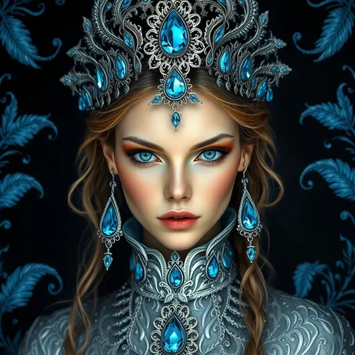 Prompt: A stunningly beautiful woman with an otherworldly and regal appearance, adorned with intricate and detailed silver jewelry. Her headpiece is elaborate, featuring large teardrop-shaped blue gemstones and delicate filigree designs. The woman's attire is equally detailed, with a high collar and swirling, organic patterns in silver and white, embellished with blue accents that match the gemstones. Her eyes are sharp and intense, glowing with a mystical light. The background is dark but decorated with similar blue and silver motifs, resembling feathers or abstract floral designs, enhancing her ethereal and queenly aura. The overall aesthetic is a blend of fantasy and elegance, with a focus on symmetry and fine details