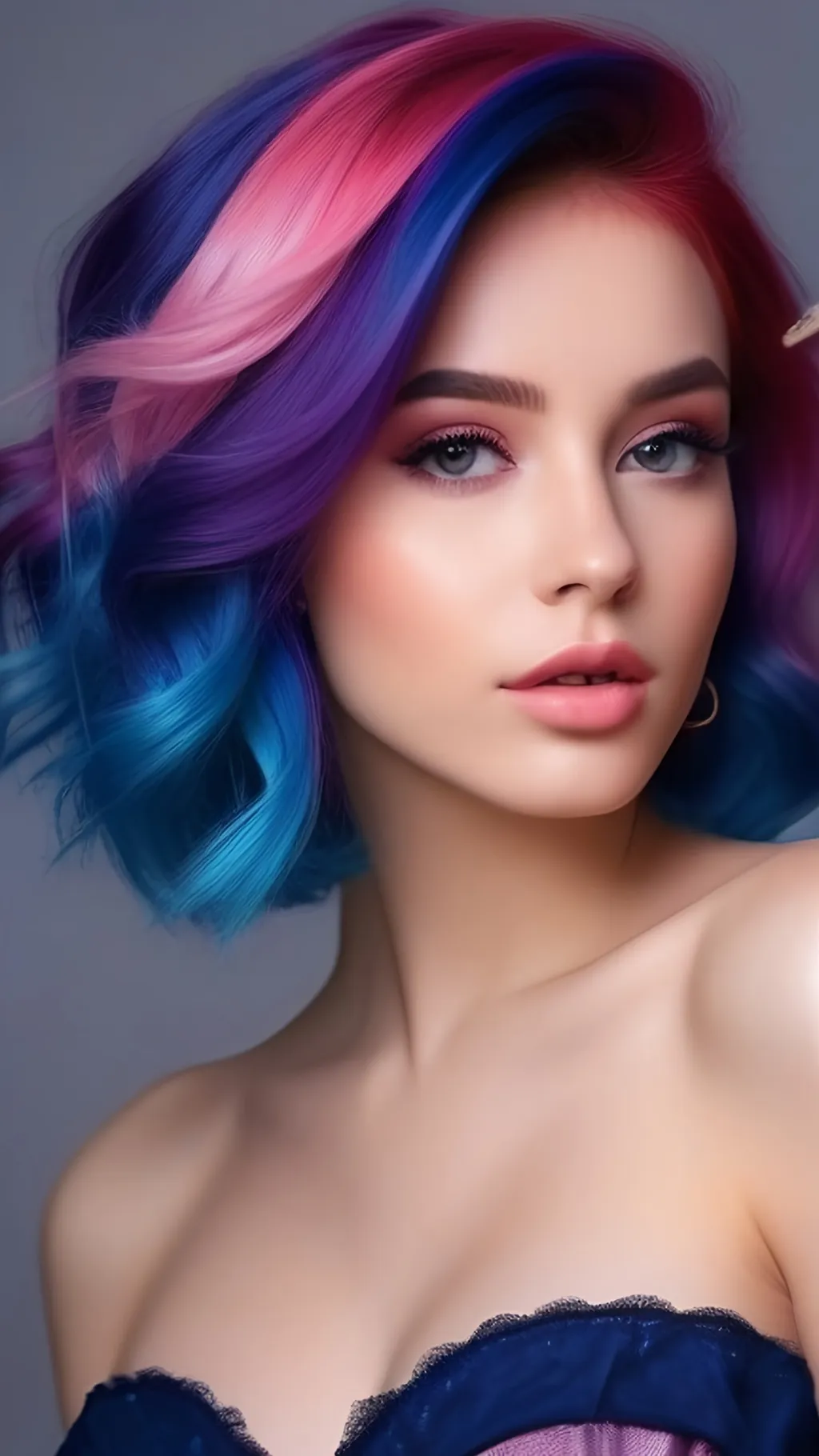 Prompt: a girl with purple and pink hair, in the style of fantasy, light crimson and dark blue, light crimson and blue 