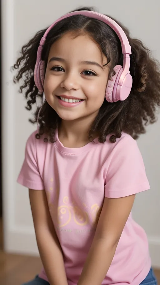 Prompt: A realistic image of an adorable mixed race little girl with curly hair and beautiful brown eyes with long eyelashes. She is wearing pink headphones and a pink shirt. She is smiling and listening to music. She is the cutest girl ever. style raw --ar 9:16 --v 5.2
