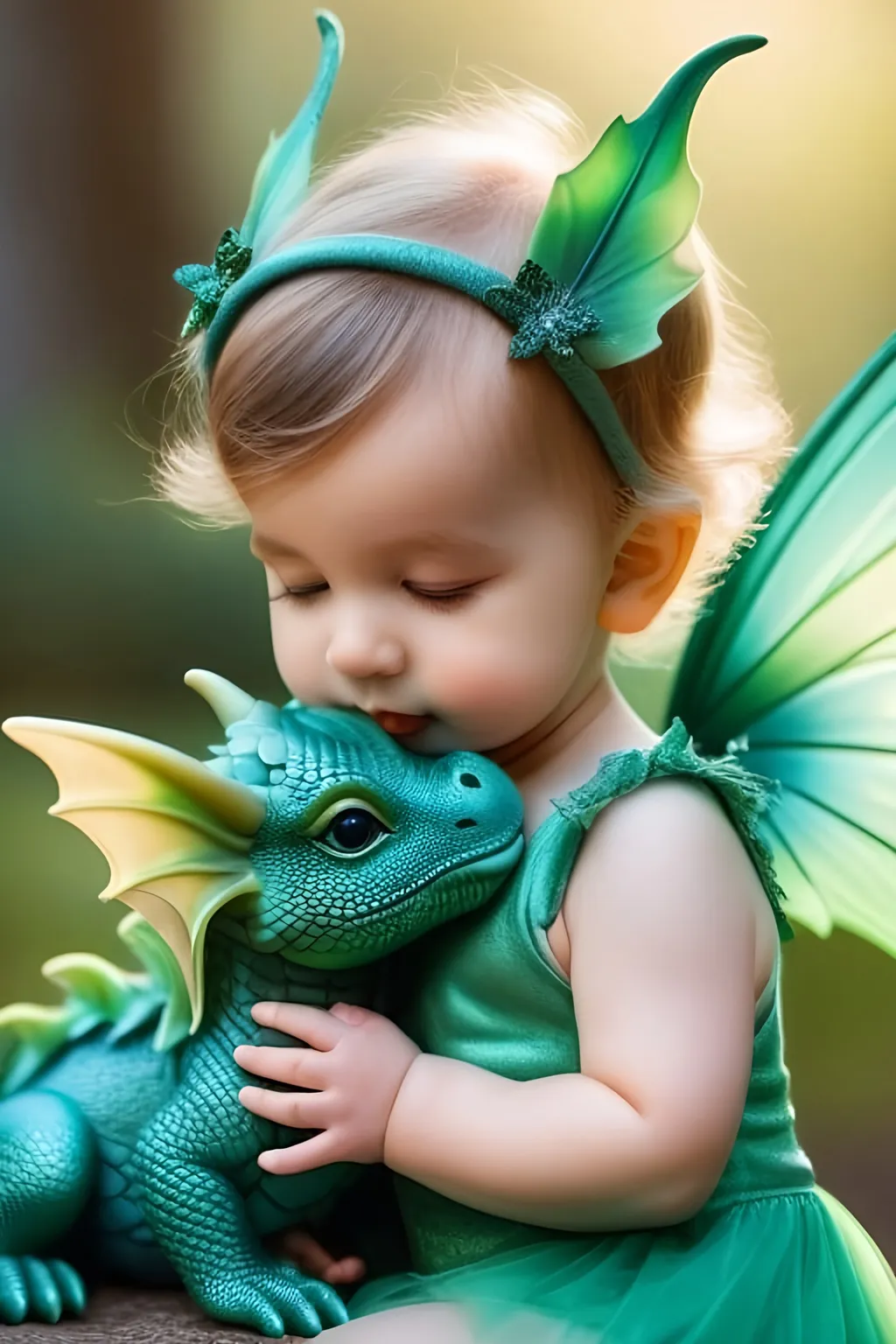 A photo of an adorable baby fairy with green wings