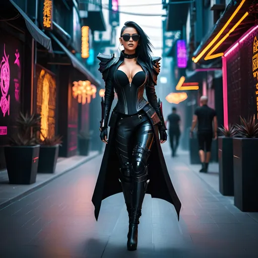 Prompt: a woman in a black outfit and sunglasses walking down a street, attractive cyberpunk dark fantasy, ornate cyberpunk armor, intricate cyberpunk armor, cyberpunk women, cyberpunk angry gorgeous goddess, beautiful cyberpunk woman model, cyberpunk girl, cyberpunk gladiator, cyberpunk robotic elvish queen, fantasy cyberpunk, cyberpunk woman, female cyberpunk, cyberpunk beautiful girl, cyberpunk dark fantasy, cyberpunk outfit, gothic - cyberpunk 