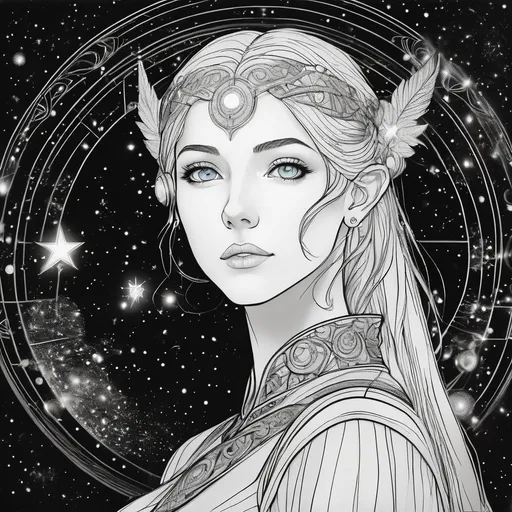 Prompt: (inked original-art:1.2), (lineart:1.31), (fine-details:1.3), RAW-format, (movement:1.4), 1 girl, adult (elven:0.7) woman, blue eyes, black prom hairstyle, solo, half shot, looking at viewer, detailed background, detailed face, (TerranAI, starcraft theme:1.1) (glowing eyes:1.05), living star constellation, star sign, horoscope, at peace, benign, aries, esoteric geometric patterns, interstellar power, stars, bright light green lights, glow, metaphysics, enlightenment, floating particles, cosmic dust, cosmic space background, dreamlike ethereal atmosphere,in OliDisco style,  --metropolis_e