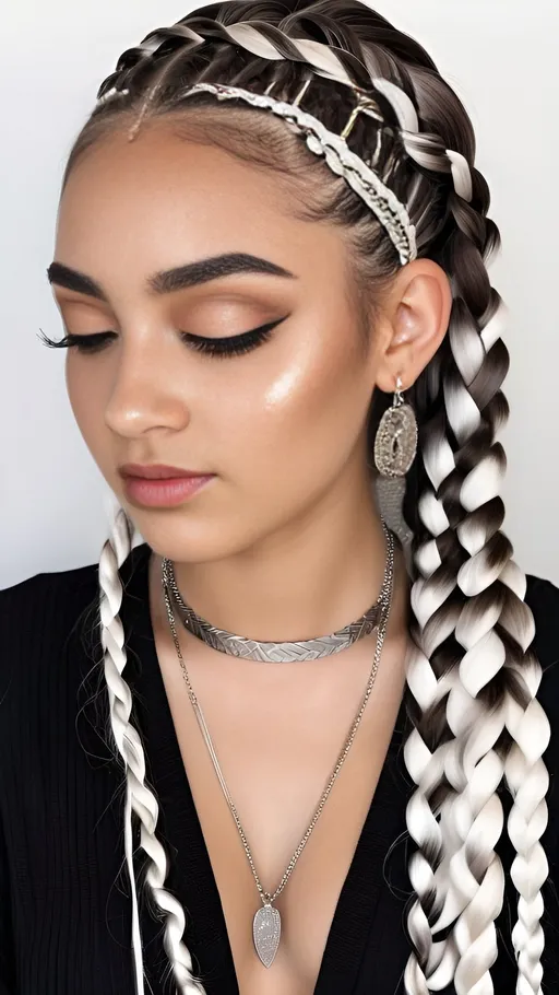 Prompt: a pretty girl with long shiny braids and some silver jewelry, in the style of dark white and dark bronze, mismatched patterns, clamp, avacadopunk, body extensions, multiple styles
