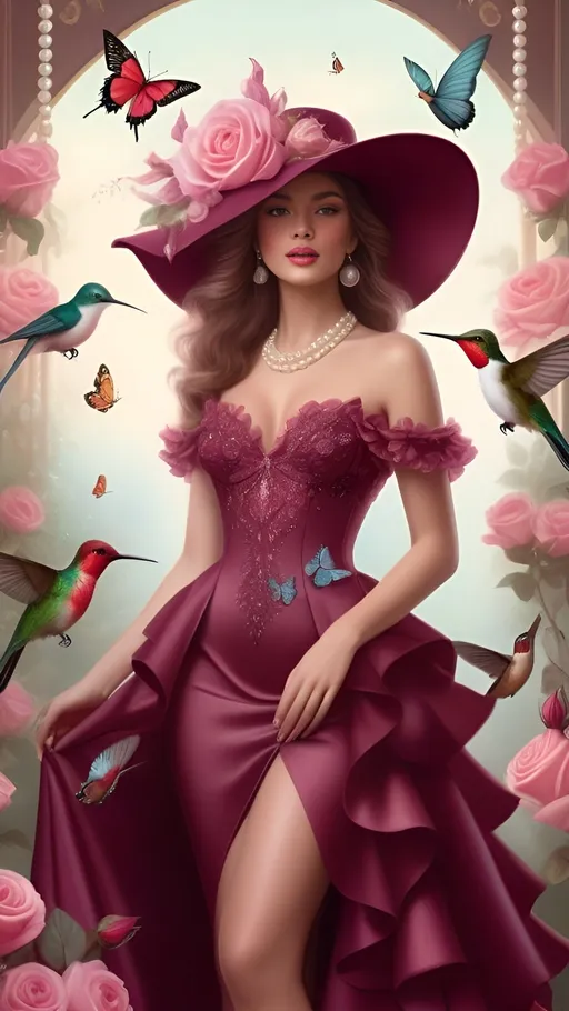 Prompt: A beautiful woman in a burgundy dress with a frilly pink hat and roses, surrounded by hummingbirds, pearls and butterflies, full body, digital art, pastel colors, in the style of fantasy.