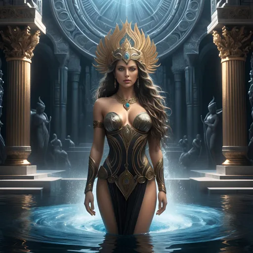Prompt: Full body shoot of stunnig beauty female poseidon, long hair, temple and water background, less clothes, perfect detailed face, detailed symmetric hazel eyes with circular iris, realistic, stunning realistic photograph, 3d render, octane render, intricately detailed, cinematic, trending on artstation, Isometric, Centered hipereallistic cover photo, awesome full color, hand drawn, dark, gritty, mucha, klimt, erte 12k, high definition, cinematic, neoprene, behance contest winner, portrait featured on unsplash, stylized digital art, smooth, ultra high definition, 8k, unreal engine 5, ultra sharp focus, intricate artwork masterpiece, ominous, epic, trending on artstation, by artgerm, h. r. giger and beksinski, highly detailed, vibrant, 8k
