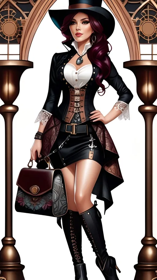 Prompt: Beautiful steampunk woman with burgundy hair in an updo wearing a lace top and black skirt with many intricate patterns on it and high-heeled boots, brown hat, holding a purse, sitting pose, full body, drawn in the style of Artgerm, realistic fantasy cover.