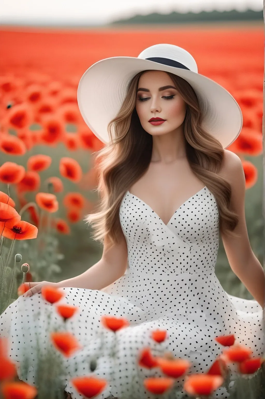 Prompt: A beautiful woman wearing an elegant white dress with black polka dots, sitting in the middle of a poppy field. She has long wavy hair and is wearing a large hat. High quality photo in the style of cinematic light, bright colors, ultra realistic portrait photography.