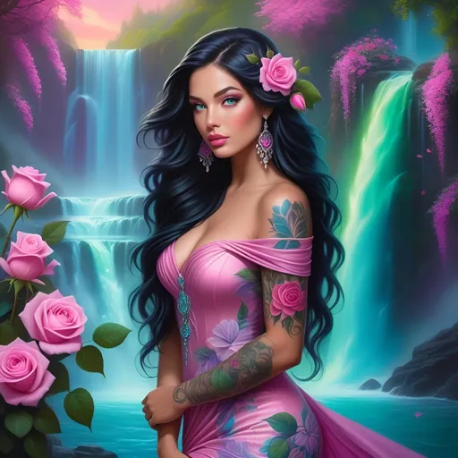 Prompt: full body portrait of an gorgeous woman with long wavy black hair and pink green colored tattoos, wearing a beautiful dress holding roses in front of waterfalls and glowing flowers, fantasy art style painting, hyper realistic, fantasy, magical glow background, pink lips, blue eyes, vibrant colors, pink, purple, green, blue,