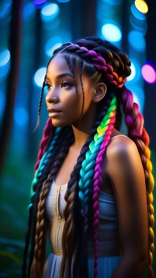 Prompt: (A beautiful black woman with long colorful braids, standing in the forest at night illuminated by twinkling lights:1.5), (her hair flowing like vibrant ribbons of light:1.4), (an enchanting look on her face as she gazes into the distance:1.3), (background filled with magical creatures and glowing flora:1.3), (creating a mystical atmosphere that adds to the overall beauty of the scene:1.3), (ultrarealistic photograph captured:1.4), (high resolution 35mm film:1.3), (ethereal and enchanting:1.3), (vivid and vibrant colors:1.3), (intricate and detailed:1.4), (cinematic composition:1.3), (soft and dreamy lighting:1.3), (immersive and visually stunning:1.4)




