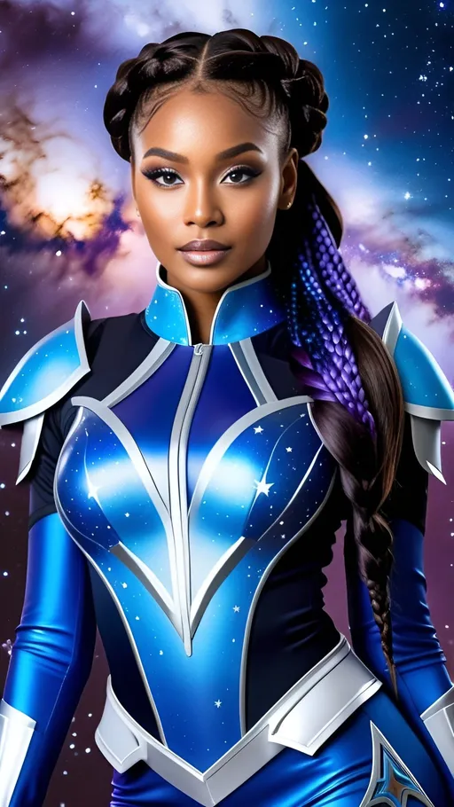 Prompt: https://s.mj.run/Mb2Y4-xpHCQ , beautiful African American woman with glowing eyes wearing an elegant blue and silver costume, fantasy art style, galaxy background, her hair is in two braids down the middle of each side of face, hyper realistic, long hair in space background with stars and galaxies, photo realistic, wearing blue and purple galaxy inspired armor 