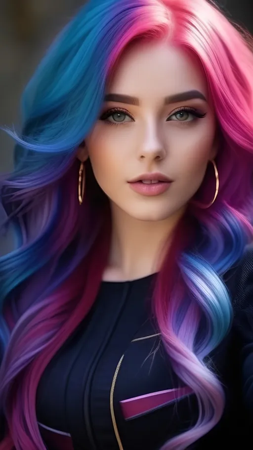 Prompt: a girl with purple and pink hair, in the style of fantasy, light crimson and dark blue, light crimson and blue 