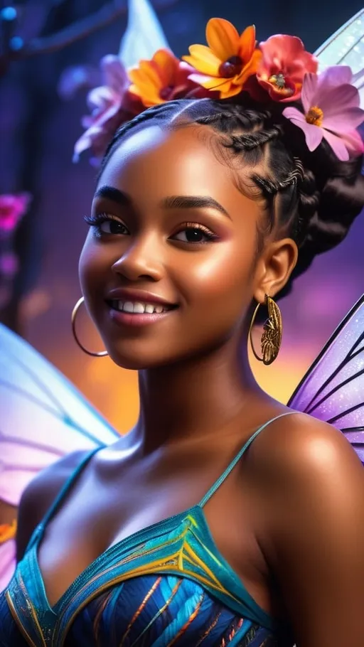 Prompt: masterpiece, best quality, a girl with braids, intricate, smile, happy, 4k, "1 beautiful black fairy woman with African ethnicity. A stunning, ethereal depiction of a mesmerizing Flower Fairy in a fantasy realm. The fairy has delicate wings and is adorned in vibrant floral attire, radiating an unearthly glow. pup, Surreal, Tense, Warm, Highly detailed, sharp, Professional, 8K UHD, Twilight, movie, Dark, Violent, plein air, River, buttle, chase, Dramatic, Vivid, Tense atmosphere, rendered, epicd, Twilight, nffsw, album covers, blizzard, Lightning, disaster