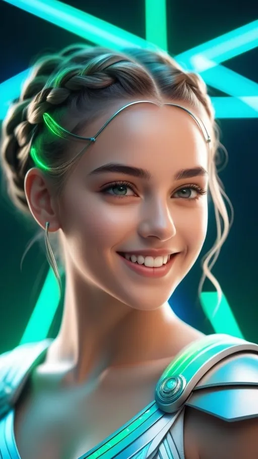 Prompt: masterpiece, best quality, a girl with braids, intricate, smile, happy, 4k, Realistic Photograph of a greek goddess girl, sci-fi, shot, centered, blue green color gel lighting, geometric shadows, glowing lights, symmetry, depth of field, intricate, elegant, highly detailed, digital painting, artstation, concept art, silver and white futuristic costume, smooth, sharp focus, illustration, as imagined by greg rutkowski and borris vallejo , best quality, cinematic lighting, realistic, highly detailed