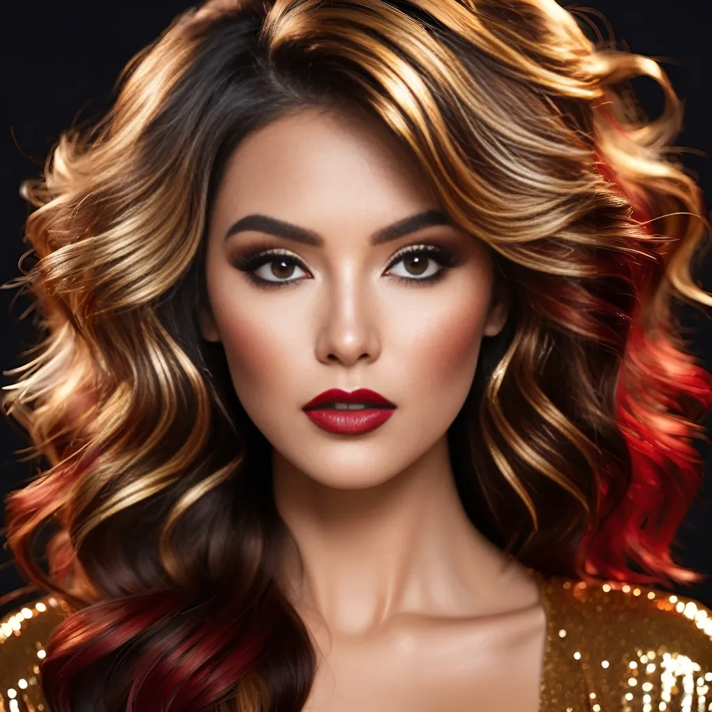 Prompt: the hair, makeup and hairstyle of the woman, in the style of dark gold and red, dark white and dark gold, light red and dark brown, dark bronze and white, glitter, cut/ripped, dark bronze and dark black