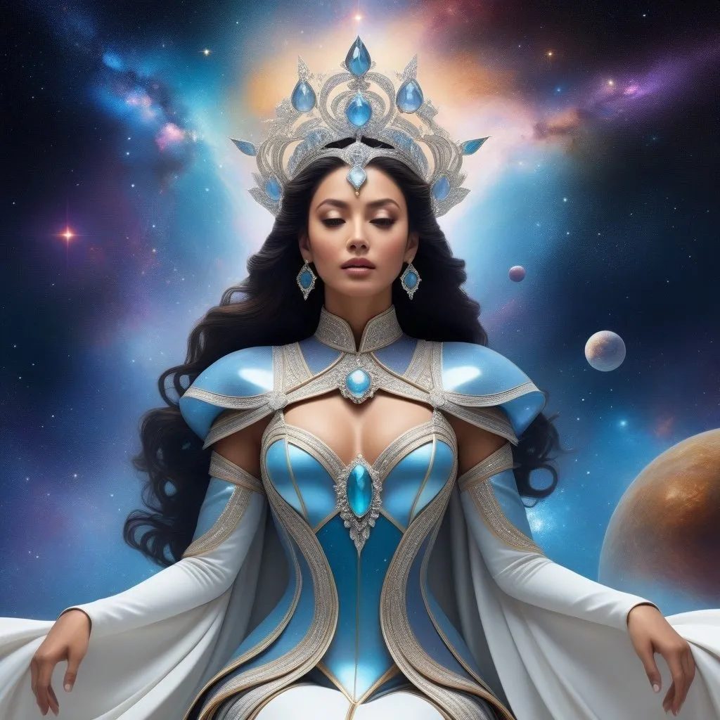 Prompt: Generate a hyper-realistic portrayal of a stellar empress navigating through a cosmic paradox. Capture the regality amidst paradoxical cosmic elements with (stellar allure:1.5), (cosmic paradox details:1.2), and [meticulously realistic depiction of the woman's majestic attire in the midst of galactic contradictions]. Emphasize her commanding pose in the cosmic enigma, [immersing viewers in a scene of cosmic regality]. Negative prompts: [overly muted details], [disjointed atmosphere].