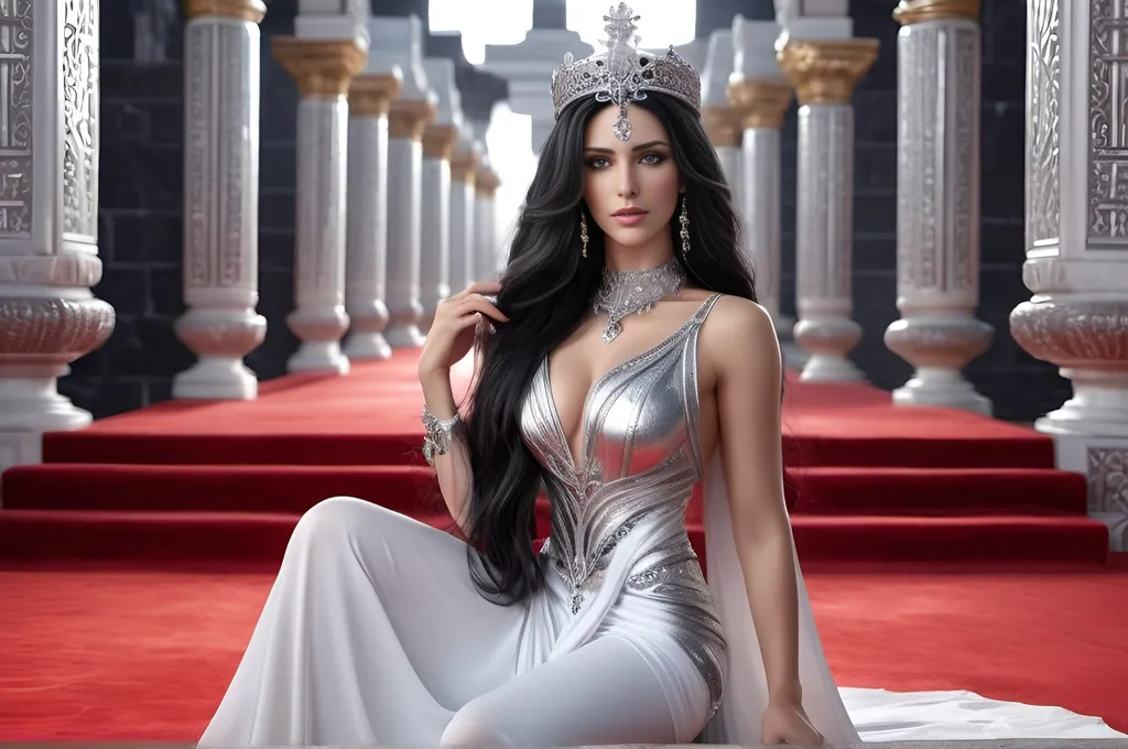 Prompt: there is an exotically gorgeous Caucasian and Greek woman in a white dress sitting on a red carpet, silver and black-haired deity, a beautiful fantasy empress, fanart best artstation, detailed silver and black long hair, 8k high quality detailed art, ((a beautiful fantasy empress)), fantasy art style, beautiful and elegant Greek queen, perfect face and body, flowing silver and black hair