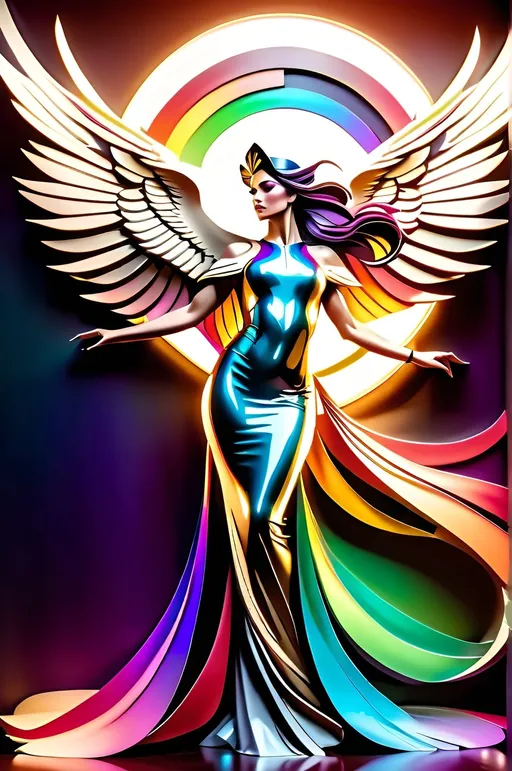 Prompt: full body portrait of a beautiful rainbow phoenix woman with spread wings, in a fantasy art style, with vibrant colors, against a colorful fantasy realism background, with hyper realistic and cinematic lighting, in the styles of Artgerm, Greg Rutkowski and Alphonse Mucha 