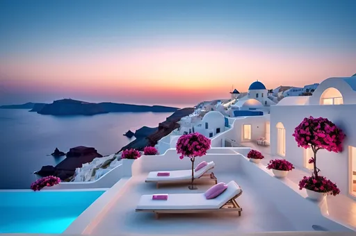 Prompt: Luxury hotel in Santorini, white architecture with large windows overlooking the sea and pink flowers blooming around it, blue sky at dusk, swimming pool on terrace overlooking Greek island landscape, photorealistic rendering, aerial view, dreamy mood, sunset lighting, ultrawide angle lens, architectural photography, cinematic, luxury interior design, interior view,