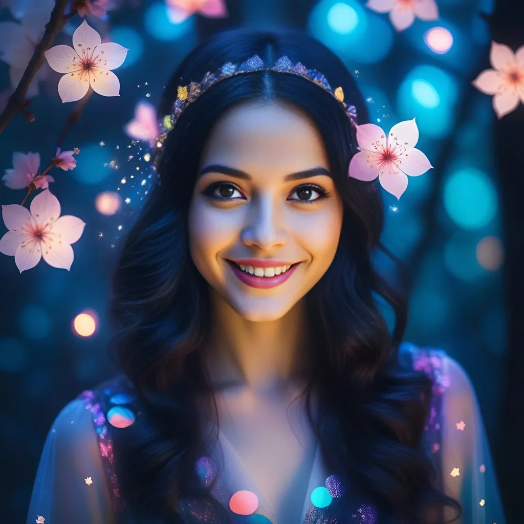 Prompt: woman, Nighttime, colorful smiling portrait, double exposure effect, harlequin, very beautiful, adorable, fairytale, Wonderland, 1920s vintage, pop surrealism, bioluminescence, fairy dust, sakura forest, delicate. black long hair