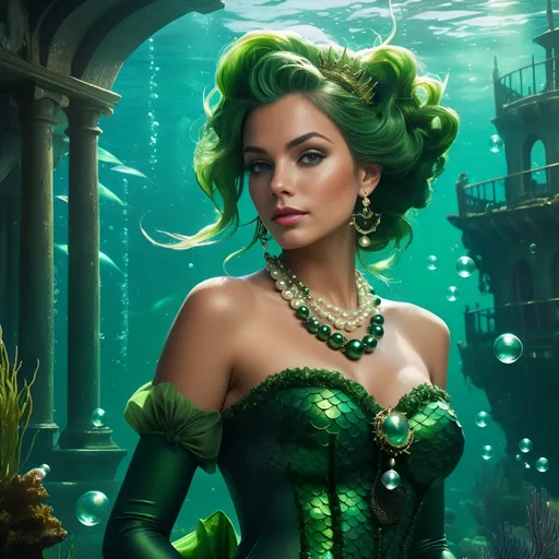 Prompt: Mermaid in an underwater city, dressed in stylish green dressed in seaweed, beautiful American woman, face, pearls, caustic lighting, bubbles, sunken ship in background, slight smile, looking at the viewer, digital art fusion of medieval and punk aesthetics, perfect hands, half body view, impeccable detail, rich colors, luxurious decadence, rebellious spirit, volumetric, dynamic lighting, cinematic, film still, 4k
