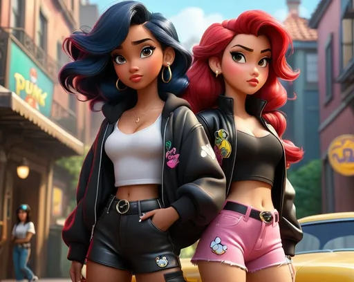 Prompt: https://s.mj.run/oi5LrwfUUpw Create an image with a Disney Pixar style that has an anime and realistic look, featuring princesses in various styles like gangsta, punk, mobster, hip hop, with a more 3D and non-flat appearance, somewhat realistic, with added background elements to enhance the scene
