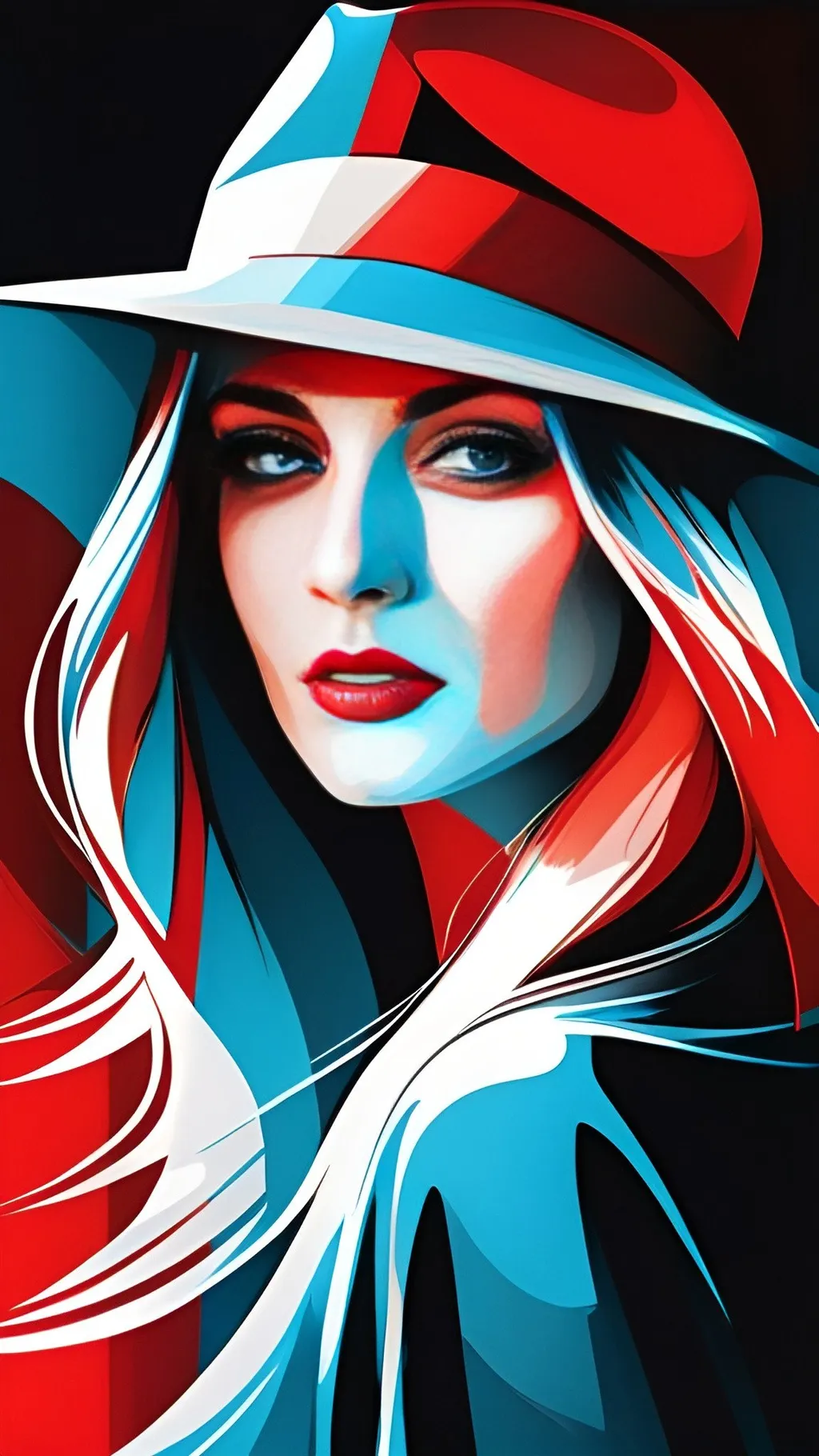 Prompt: vector art style abstract design, a beautiful woman with long hair and blue eyes wearing an elegant hat, in the style of an airbrushed digital illustration, on a black background, with a red white and cyan color scheme, from a dynamic angle, a vector tshirt graphic design, with high detail, sharp focus, hyper realistic, with no blur and no grainy textures 