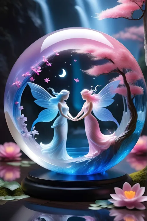 Prompt: A striking artwork featuring two fairies, one with soft blue skin and a calming aura, and the other with vibrant pink skin and a dynamic energy. They are sculpted within a crystal sphere, representing the Yin and Yang symbol. The fairies are surrounded by a colorful and mystical landscape, with floating flowers, a serene waterfall, and a radiant moon. The overall ambiance of the artwork is enchanting and invites contemplation of the balance and harmony between opposing forces., vibrant, 3d render 