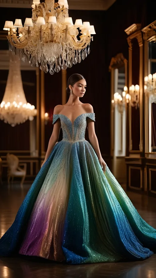 Prompt: A shimmering ballgown fit for a queen [2] The ballgown is a vision of beauty, with a full skirt that billows out in a cloud of iridescent fabric. The bodice is intricately beaded, shimmering with every movement, while the off-the-shoulder sleeves add an element of romance to the overall look. [3] The scene takes place at a grand ballroom, where the walls are lined with gilded mirrors and crystal chandeliers hang from the ceiling. The floor is made of polished marble, reflecting the lights from the chandeliers and casting a warm glow throughout the room. [4] The mood of the scene is one of elegance and sophistication, as the viewer takes in the beauty of the ballgown and the grandeur of the ballroom. [5] The atmosphere of the scene is one of glamour and luxury, with the opulence of the ballroom and the exquisite beauty of the ballgown creating a sense of indulgence and extravagance. [6] The lighting effect is intense and vibrant, with bold colors and dynamic patterns that create a sense of energy and motion. The light casts dramatic shadows across the gown's fabrics, highlighting its every curve and fold. The overall effect is one of drama and excitement, as if the wearer of the gown is about to step onto the dance floor and steal the show,