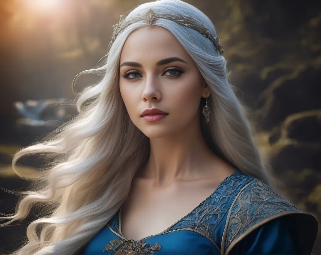 Prompt:  a woman with long white hair wearing a blue dress and a veil, fantasy character portrait, fantasy genre portrait, as a medieval fantasy character, epic fantasy art portrait, fantasy portrait, fantasy art portrait, fantasy character photo, fantasy concept art portrait, fantasy portrait art, portrait of an elf queen, beautiful fantasy portrait, beautiful maiden, detailed matte fantasy portrait