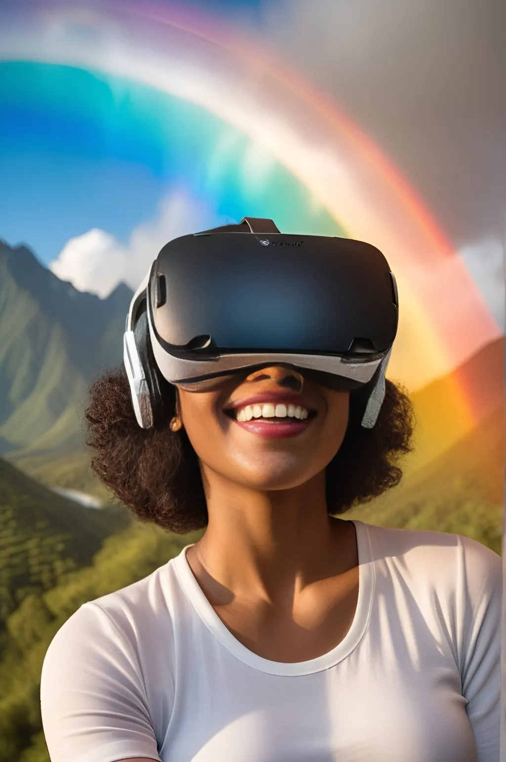 Prompt: a happy black women wearing a VR headset in a Shangri-La with a rainbow, Photo realism