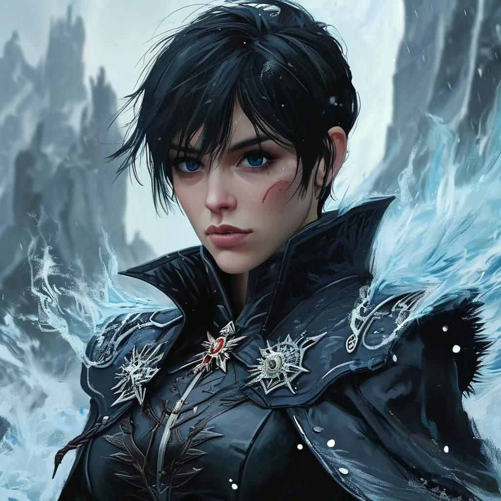 Prompt: Ul Velaryion, Empress and Supreme commander of the True North Empire, powerfull user of Ice, Snow and water element, former Hero now turned imperialistic villain, short black hair, dark thin jacket