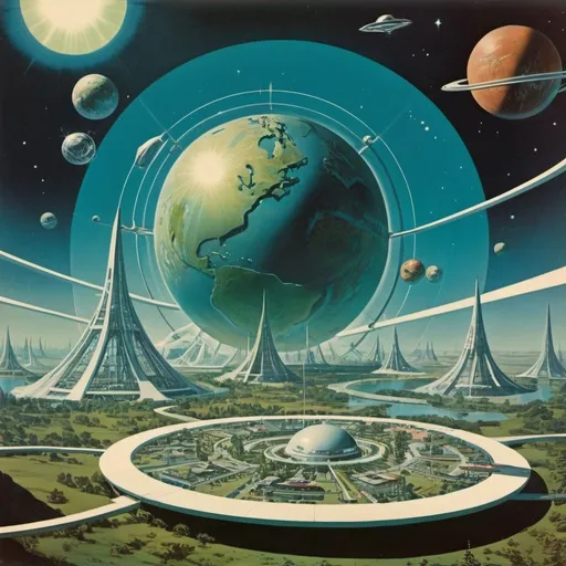 Prompt: 1960s futuristic imagine featuring  forcefields surrounding a planet
