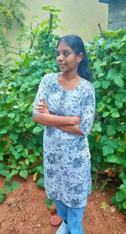 Prompt: Dressed in a light, floral-patterned kurta paired with blue pants, a young woman stands gracefully against a lush backdrop of vibrant green foliage, suggesting an outdoor setting likely in a garden. Her arms are crossed casually, and a slight smile plays on her lips, enhancing her friendly demeanor while she gazes to the side, as if lost in thought or engaged in a conversation. The scene is illuminated by natural light, with hints of moisture in the air that suggest a recent rain, giving the greenery a fresh, vibrant look. The composition captures a moment of both tranquility and contemplation, blending the subject with the beauty of nature around her.