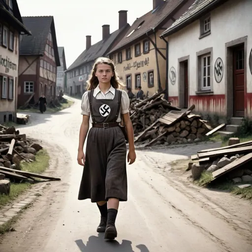 Prompt: a 18 year old girl walking in a village in Germany during the time of world war 2
with nazi signs at the background and poor people all around in the busy morning.
