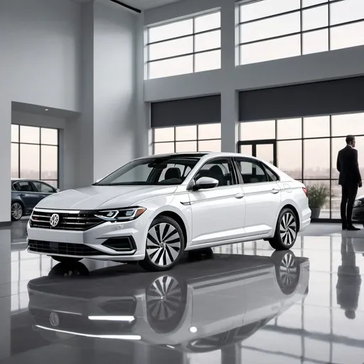 Prompt: A stunning rendition of the 2026 Volkswagen Jetta, displayed in a sleek, modern showroom with polished floors and large windows. The car is a pristine white, reflecting the ample natural light that pours in. Its futuristic design boasts sharp lines, an aerodynamic shape, and distinctive tail lights with horizontal LED strips. The rear of the car is prominently visible, with tinted windows and large, stylish alloy wheels featuring a unique, modern design. In the background, a few people dressed in contemporary, stylish clothing casually observe the car. The upscale and sophisticated atmosphere emphasizes the advanced features and elegant design of the 2026 Volkswagen Jetta.