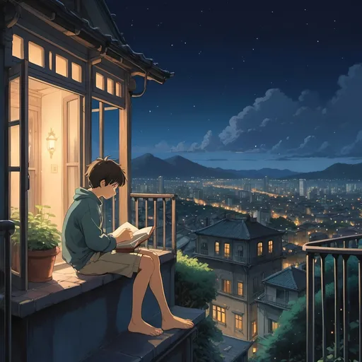 Prompt: style of studio ghibli, boy sitting on balcony, studying, looking at book at midnight, looking off into the distance thinking, cosy lights shining in the distance, city scape in the distance