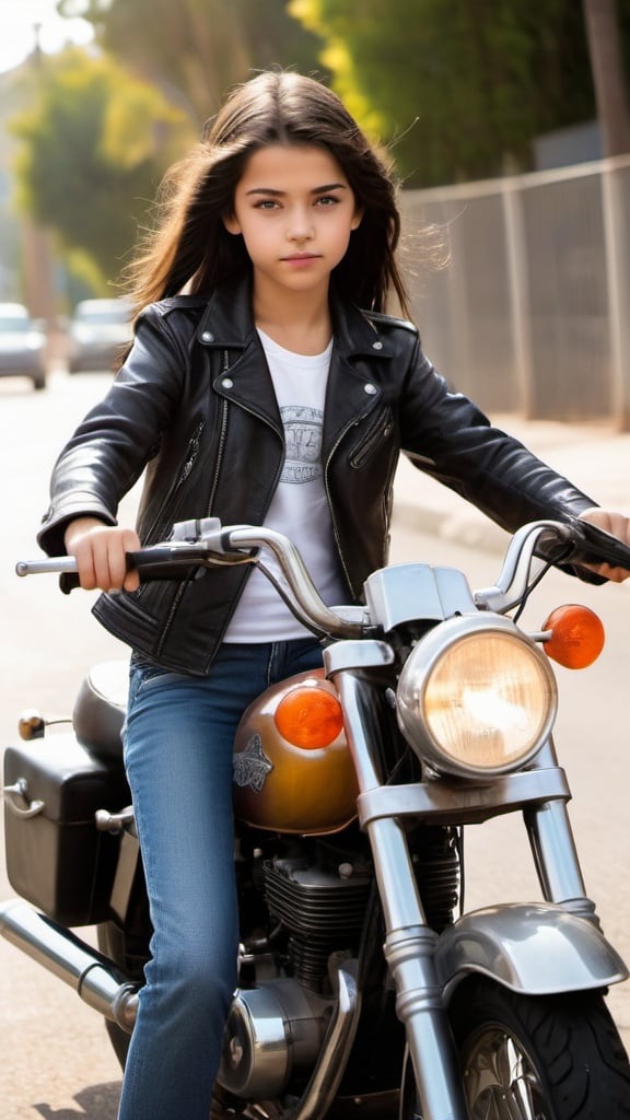 Prompt: 13-year-old girl posing on a motorcycle, Hollywood movie poster style, ideal weight, white skin, black hair, brown eyes, 170 cm tall, rock music enthusiast, school commute, high quality, cinematic, dynamic pose, vintage motorcycle, Hollywood glam, edgy teenager, school journey, rock music lover, Hollywood movie style, professional lighting