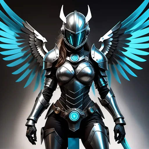 Prompt: An high tech knight with arc reactor and knightly helmet and sleekest and most elegant femqle knight with black and  Cyan highly advanced knight armour fastest in the fleet, wielding twin blades in hyper-acrobatic combat. and has two wings out her back and is female wilding twin bladed boomerangs