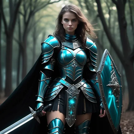 Prompt: A female knight with highly detailed black Cyan armour and thick long huddled cape wilding enchanted knightly sword and shield as big as sword ad our glass body