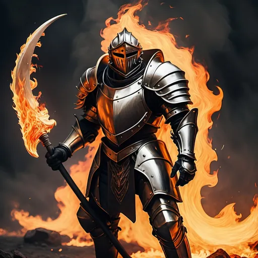 Prompt: A male englufed with fire armour knightly looking young wilding flaming scythe and athletic body