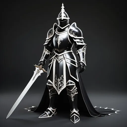 Prompt: Pure black knight armour with white details looking very femmine wilding a invisible  cloak and long sword