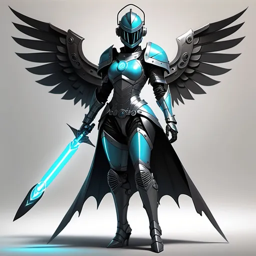 Prompt: An high tech knight with arc reactor and knightly helmet and sleekest and most elegant femqle knight with black and  Cyan highly advanced knight armour fastest in the fleet, wielding twin blades in hyper-acrobatic combat. and has two wings out her back and is female wilding twin bladed boomerangs