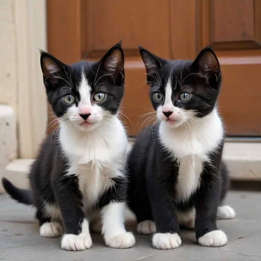 Prompt: hyper realistic photograph of two kittens - Two adorable kittens- the ones from the sign- trot over and sniff me! Marseille, the one with a tuxedo-like coat, meows loudly at me. Toulouse, the solid black one, sniffs me confusedly.