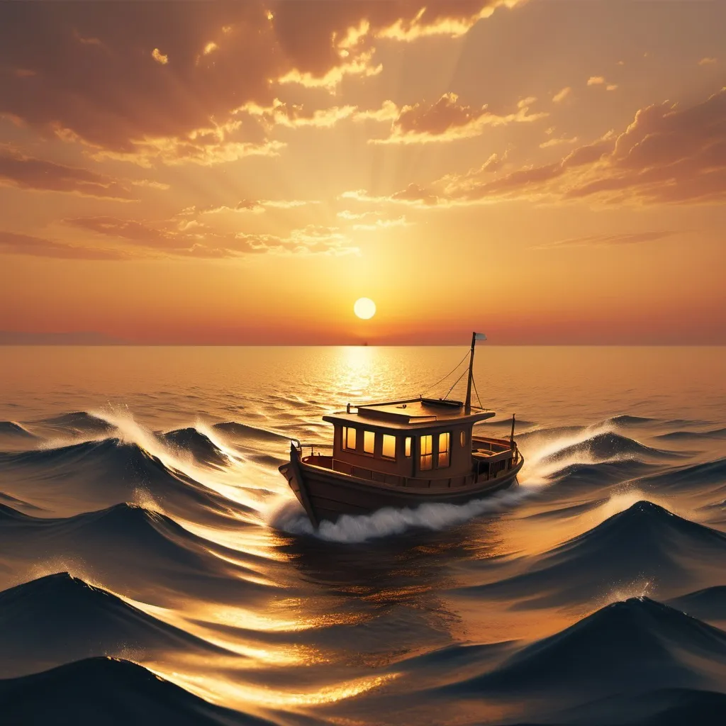 Prompt: A boat in a sea with golden waze, add sunset