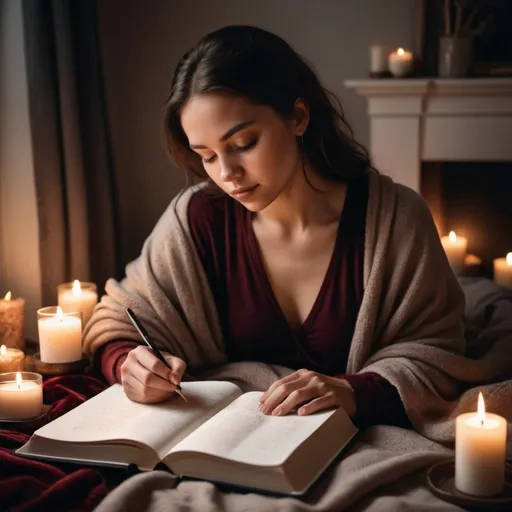 Prompt: A woman journaling with a peaceful, introspective expression, surrounded by cozy, comforting elements like candles or soft blankets.
velvet color palette