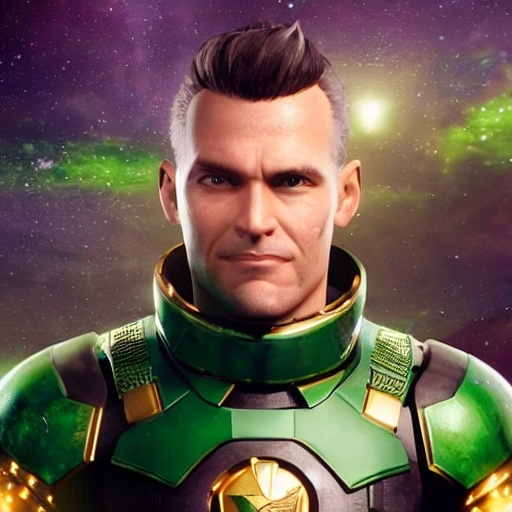 Prompt: a man in a green armored suit with a starry background, white skin, brown hair, facing towards camera, unreal engine 5 quality render, a character portrait