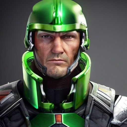 Prompt: a man in a green helmet and a black background with a gray background and a black background with a green helmet, Enki Bilal, antipodeans, unreal engine 5 quality render, a character portrait