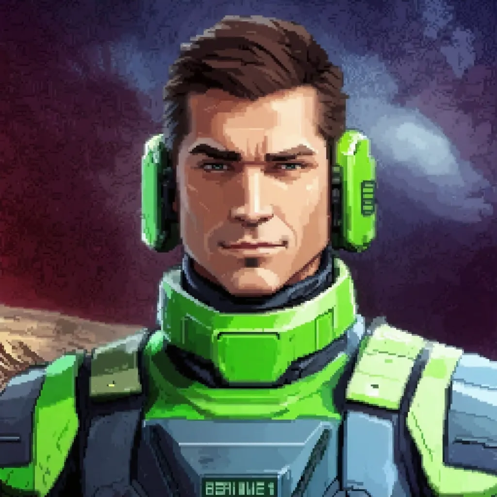 Prompt: a man in his mid-20's, white skin, brown hair, masculine face, faint smile, wearing green sci-fi military armor against a gray background, body facing directly towards camera, unreal engine 5 quality render, a character portrait